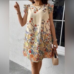 Plus size Floral Print Ruffle Trim Dress